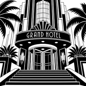 Grand Art Deco hotel entrance framed by palms and strong vertical architecture.