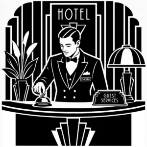 Art Deco hotel concierge standing behind a geometric reception desk.