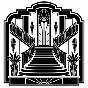 Grand Art Deco staircase with sweeping steps and strong symmetrical architecture.