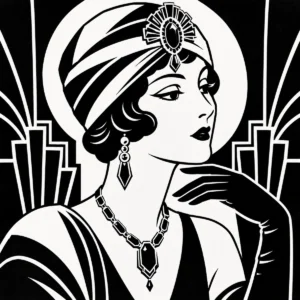 Elegant woman in profile framed by bold Art Deco geometric forms.