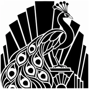 Stylised Art Deco peacock emblem with sweeping decorative feathers.