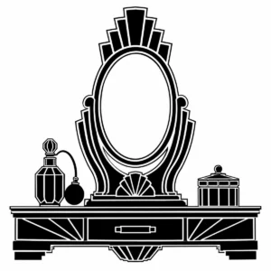Art Deco vanity mirror with perfume bottles and stepped geometric details.