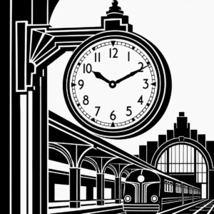 Large Art Deco station clock overlooking an elegant railway interior.