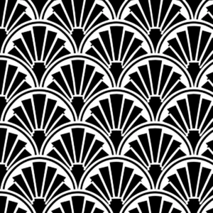 Repeating Art Deco fan pattern with overlapping symmetrical geometric shapes.
