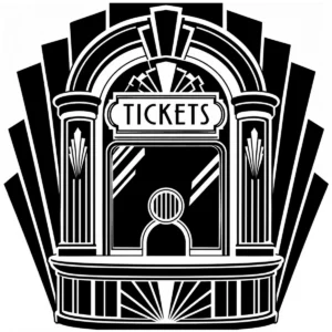 Decorative Art Deco ticket booth framed by bold architectural geometry.