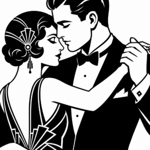 Elegantly dressed couple sharing a close dance within Art Deco geometric framing.
