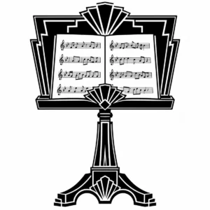 Art Deco music stand holding open sheet music on a geometric base.