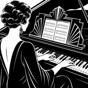 Elegant pianist seated at a grand piano with an open score.