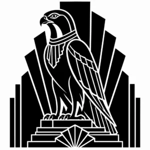 Stylised Art Deco falcon ornament against a stepped architectural backdrop.