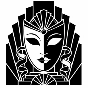 Art Deco theatrical mask emblem framed by bold stepped geometric forms.