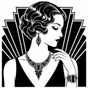 Elegant Art Deco woman admiring a necklace within geometric ornament.