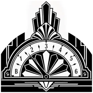 Vintage Art Deco elevator indicator with stepped geometric ornament.