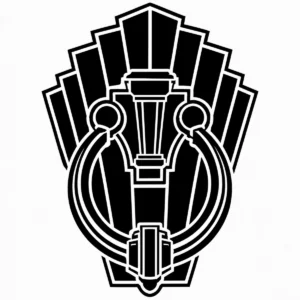 Geometric Art Deco door knocker presented as a bold decorative emblem.