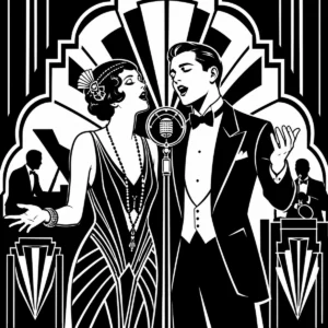 Elegantly dressed singing duo performing on an Art Deco stage.