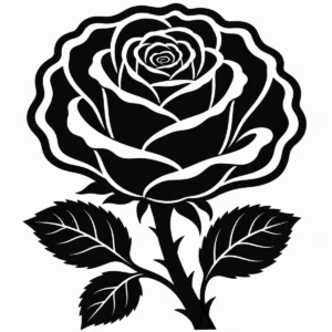 Monochrome rose botanical study with layered petals and bold leafy stem.