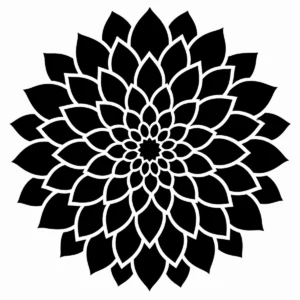 Dahlia mandala with layered petals radiating in a balanced circular pattern.