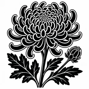 Monochrome chrysanthemum study with layered bloom, leaves and a small bud.