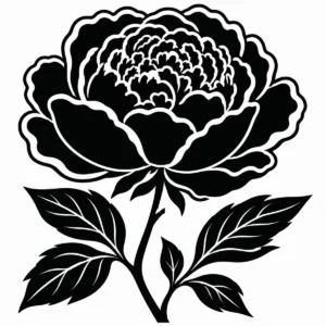 Monochrome peony botanical study with a generous layered bloom and leafy stem.