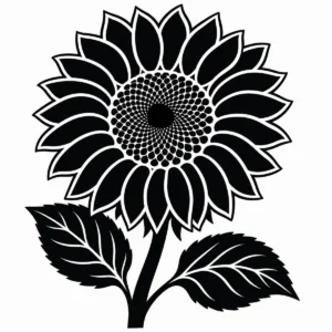 Large sunflower with bold centre, radiating petals and broad leaves.