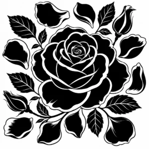 Decorative rose composition with petals and leaves radiating outward.