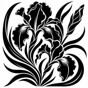 Tall iris blooms and curling leaves arranged in a flowing floral composition.