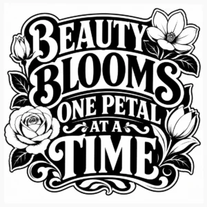 Bold floral lettering reading Beauty Blooms One Petal at a Time.