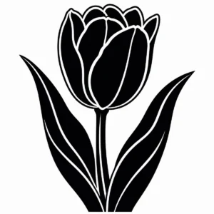 Simple monochrome tulip silhouette with two broad sweeping leaves.