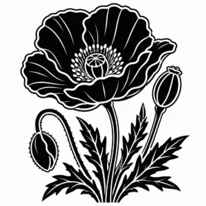 Poppy botanical study with bold bloom, smaller flower, seed pod and leaves.