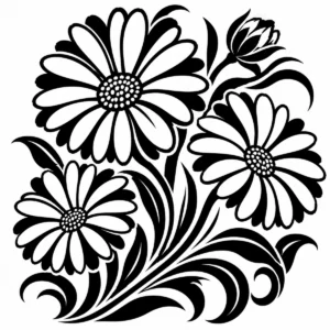 Cheerful daisy bouquet with open petals, bold centres and curling foliage.