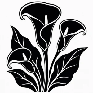 Three calla lilies curving upward from broad leaves in a simple floral emblem.