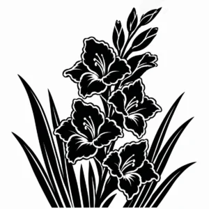 Tall gladiolus botanical study with a sequence of blossoms and narrow leaves.