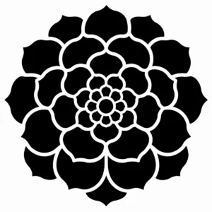 Symmetrical rose leaf radial pattern with rounded forms around a central flower.