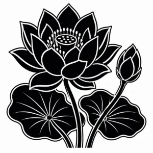 Stylised lotus bloom above broad rounded leaves with a companion bud.