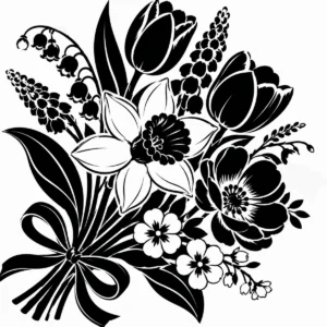 Spring posy of tulips, daisies and smaller flowers with varied stems and leaves.