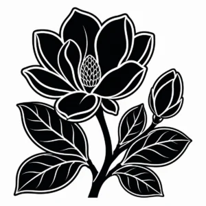 Magnolia branch with large blossoms, buds and broad leaves.