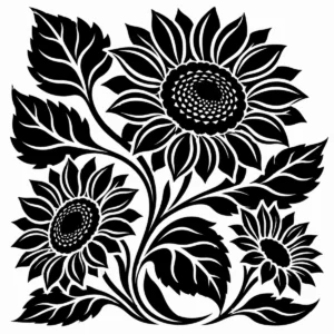 Cheerful sunflower garden with several blooms rising among bold leaves.