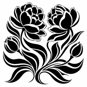 Two stylised flowers leaning together on sweeping stems.
