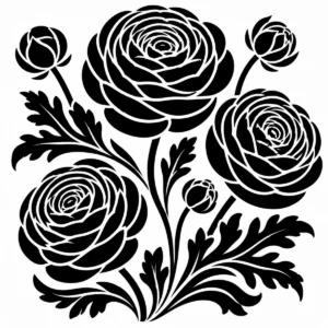 Ranunculus garden with rounded layered blooms, delicate stems and leaves.