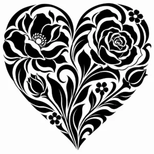 Decorative floral heart formed from roses, leaves and small berries.