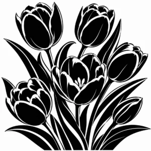 Generous tulip bouquet with bold flowers, buds and flowing leaves.