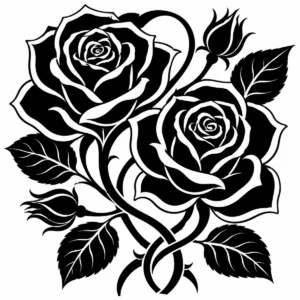 Two intertwined roses with crossing stems, buds and leaves.
