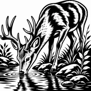 Monochrome giraffe bending to drink at the water’s edge in a graceful pose.