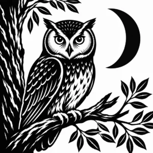 Monochrome owl perched beneath a half-moon with stars and night branches.