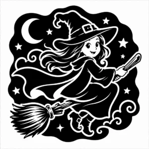 Monochrome young witch flying on a broom beneath a crescent moon and stars.
