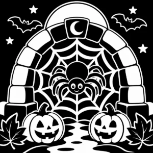 Friendly monochrome spider beneath a moon gate with pumpkins, web and bats.