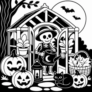 Whimsical skeleton gardener tending plants and pumpkins beside a tiny greenhouse.