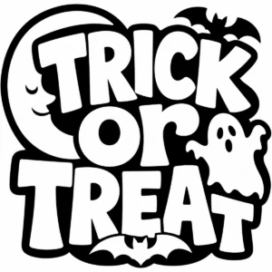 Bold monochrome lettering reading Trick or Treat with playful Halloween motifs.