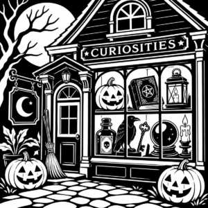 Monochrome midnight curiosity shop filled with strange objects, pumpkins and glowing windows.