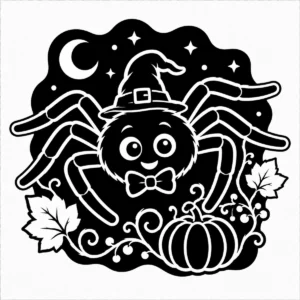 Friendly wide-eyed Halloween spider surrounded by pumpkins, vines, stars and moon.