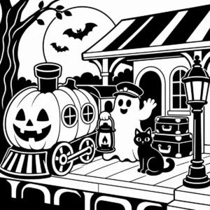 Whimsical pumpkin-faced train arriving at a spooky station with a friendly ghost.